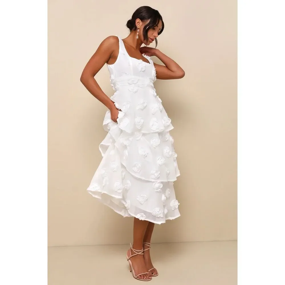 Lulus Exceptional Entrance White Sleeveless Tiered Rosette Midi Dress Size M NWT - Picture 2 of 11